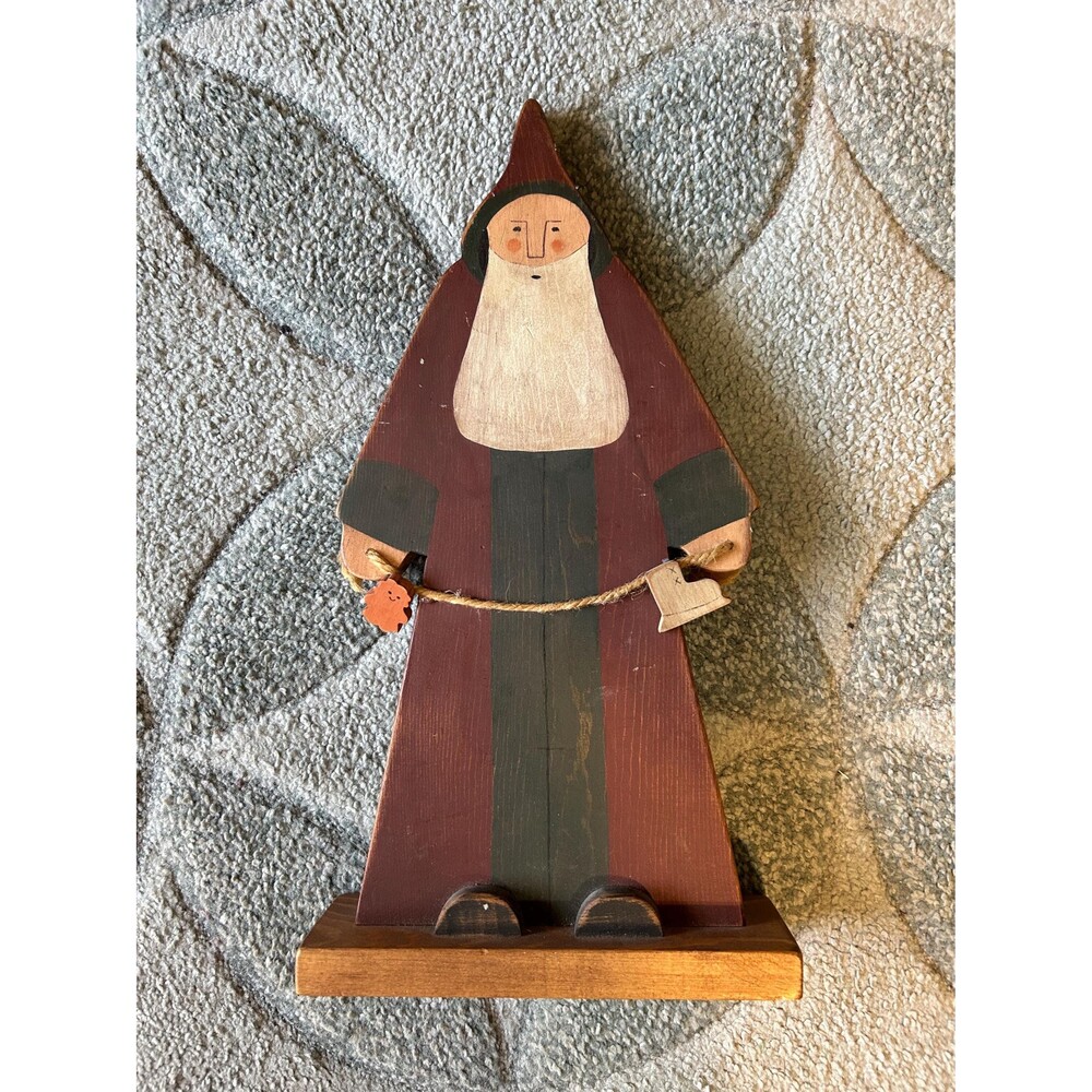 Vintage1989 Signed 15” Folk Art Painted Santa holding twine with 2 tiny toys1